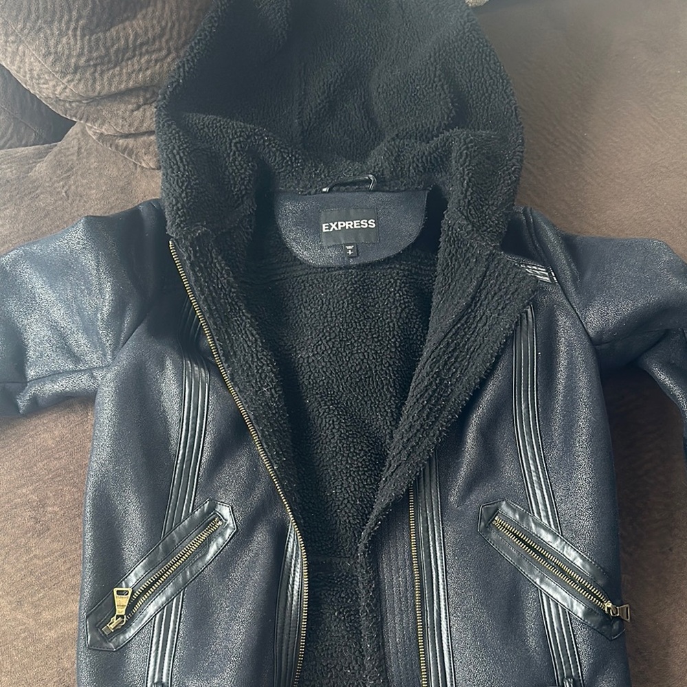 Express Black Leather Moto Jacket with Fleece Collar